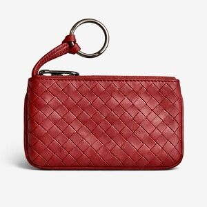 BOTTEGA VENETA Intrecciato Wine Red Leather Coin Pouch Key Ring Card Holder